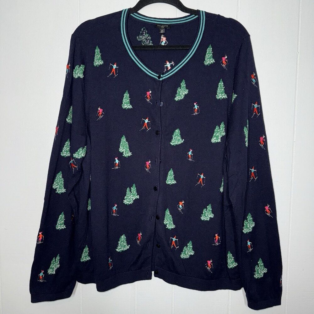 Talbots Women’s Cardigan Sweater Apres Ski Embroidered Blue XL